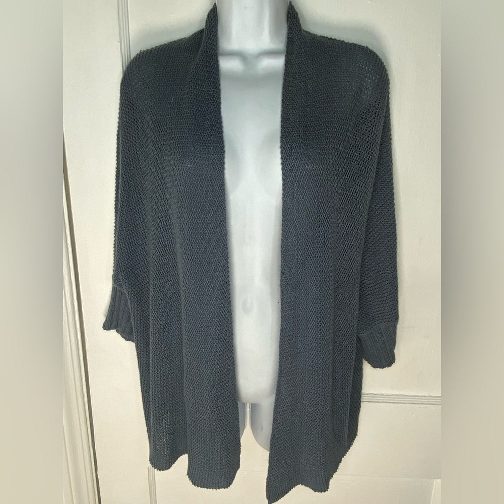 Eileen Fisher Blue Open-Front Mesh Linen Blend Cardigan